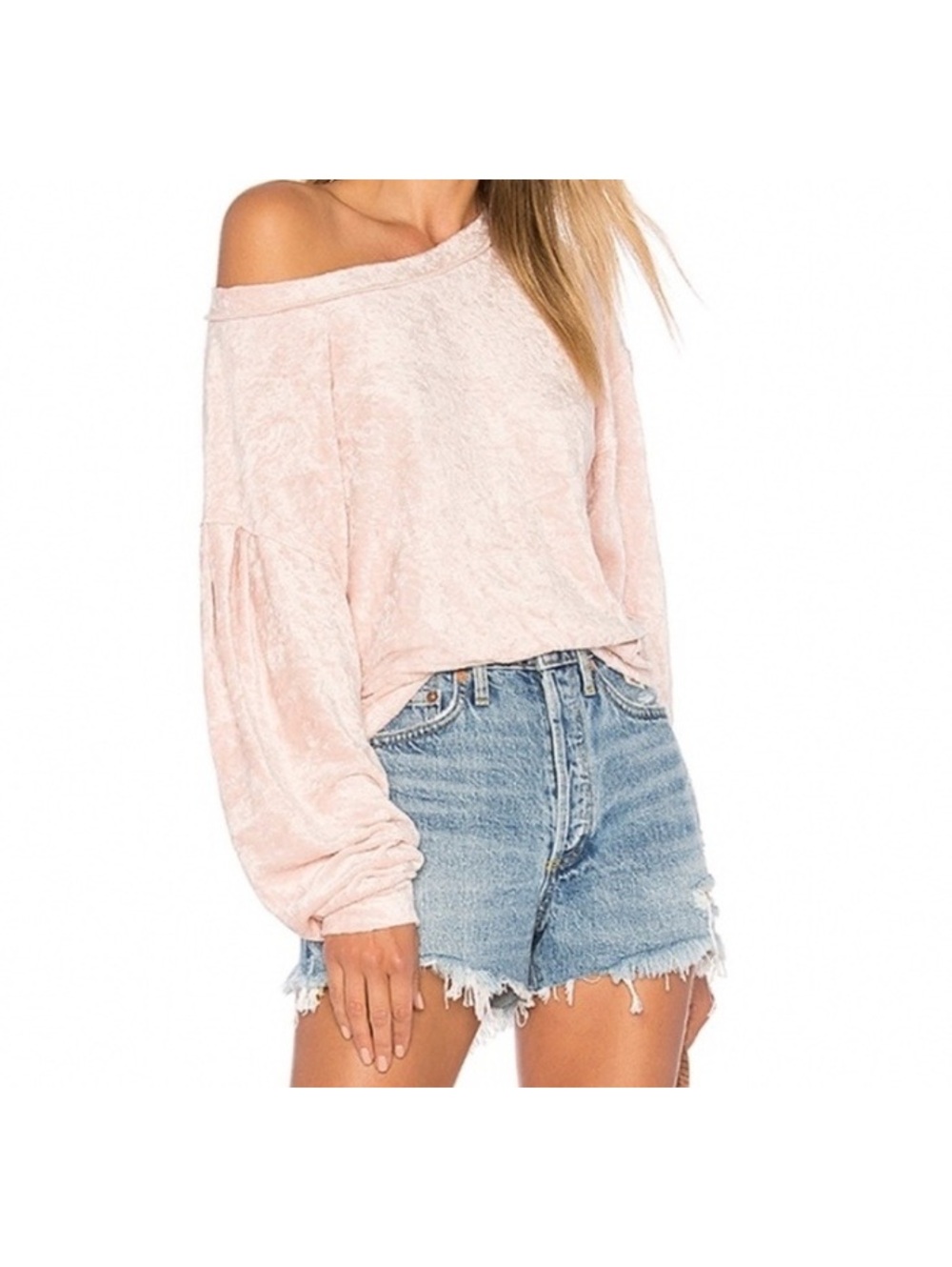 We The Free Pink Velvet Long Sleeve Off-Shoulder Milan Top Women’s M